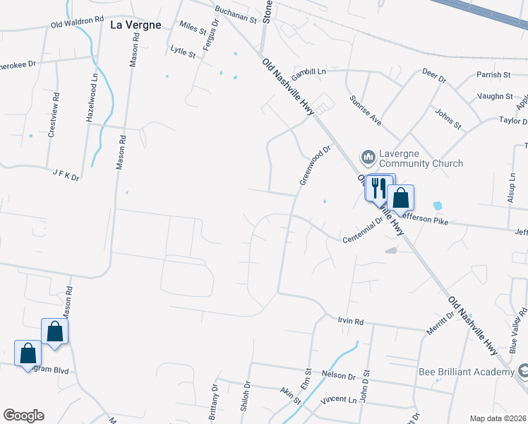 map of restaurants, bars, coffee shops, grocery stores, and more near 211 Centennial Drive in La Vergne