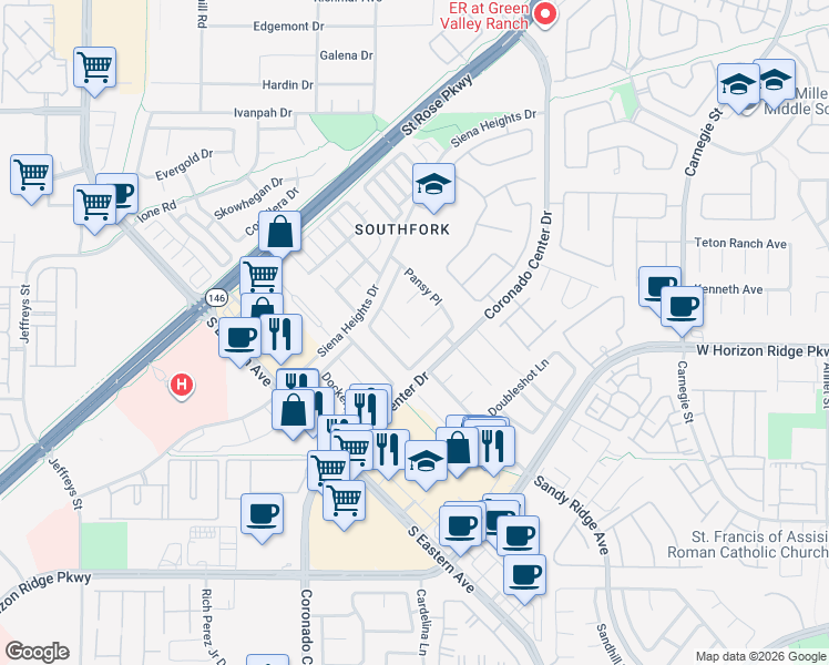 map of restaurants, bars, coffee shops, grocery stores, and more near 690 Great Dane Court in Henderson