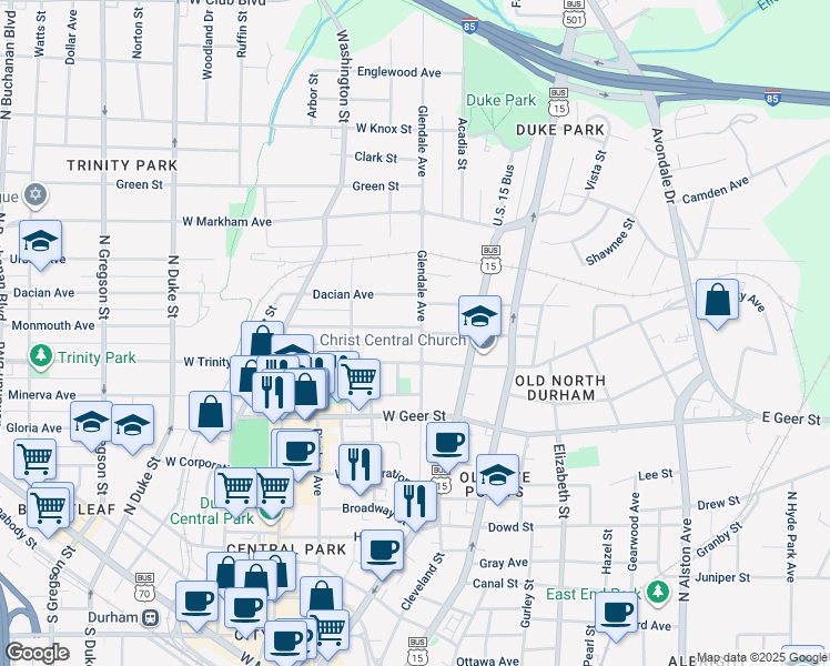 map of restaurants, bars, coffee shops, grocery stores, and more near 1111 Glendale Avenue in Durham