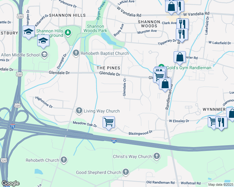 map of restaurants, bars, coffee shops, grocery stores, and more near 811 Valley Oak Drive in Greensboro