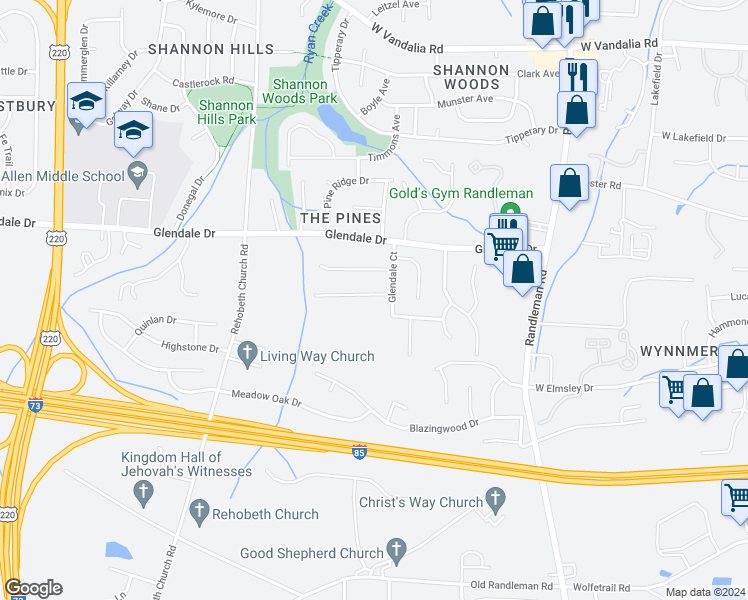 map of restaurants, bars, coffee shops, grocery stores, and more near 805 Valley Oak Drive in Greensboro