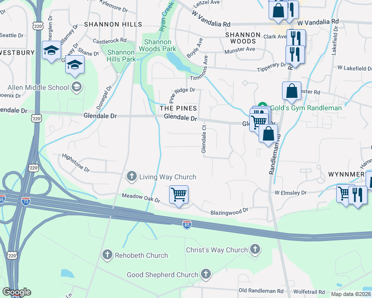 map of restaurants, bars, coffee shops, grocery stores, and more near 811 Valley Oak Drive in Greensboro