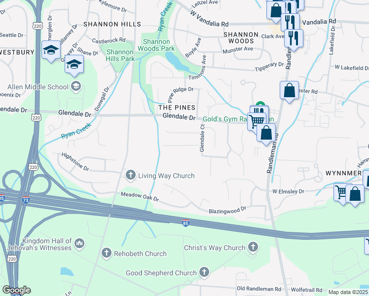 map of restaurants, bars, coffee shops, grocery stores, and more near 811 Valley Oak Drive in Greensboro