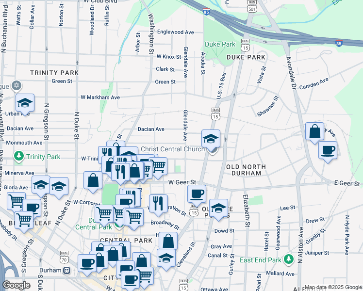 map of restaurants, bars, coffee shops, grocery stores, and more near 1111 Glendale Avenue in Durham