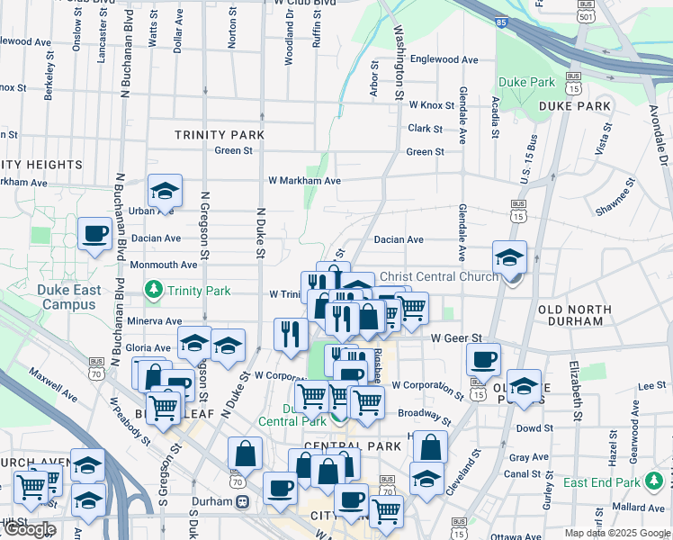 map of restaurants, bars, coffee shops, grocery stores, and more near 918 Orient Street in Durham