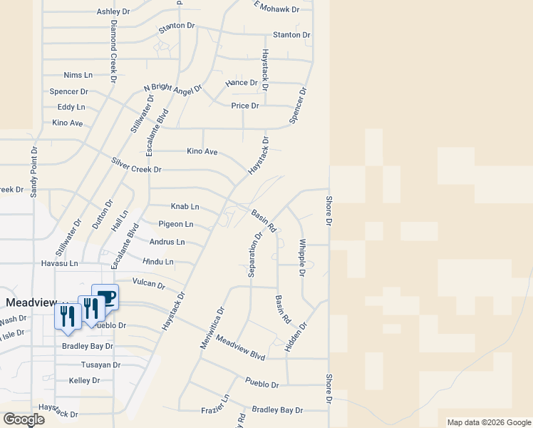 map of restaurants, bars, coffee shops, grocery stores, and more near 30355 Separation Drive in Meadview