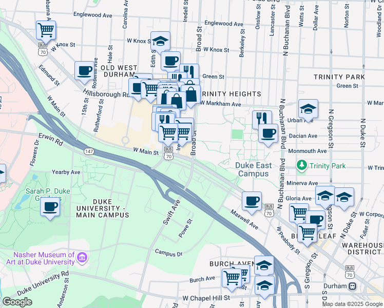map of restaurants, bars, coffee shops, grocery stores, and more near 607 Broad Street in Durham
