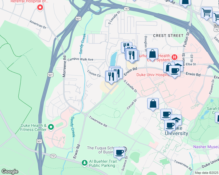 map of restaurants, bars, coffee shops, grocery stores, and more near 2816 Lambeth Circle in Durham