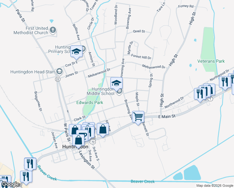 map of restaurants, bars, coffee shops, grocery stores, and more near 199 Browning Avenue in Huntingdon
