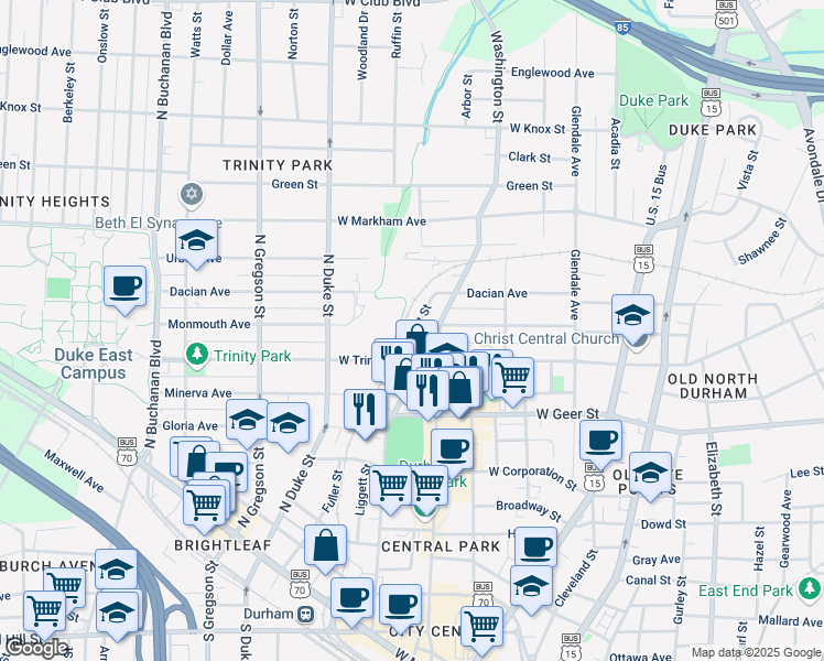 map of restaurants, bars, coffee shops, grocery stores, and more near 915 Orient Street in Durham