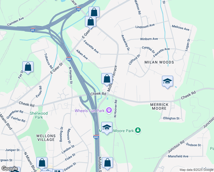 map of restaurants, bars, coffee shops, grocery stores, and more near 806 Midland Terrace in Durham