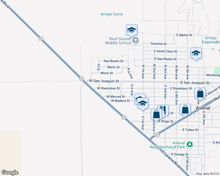 map of restaurants, bars, coffee shops, grocery stores, and more near C Avenue in Avenal