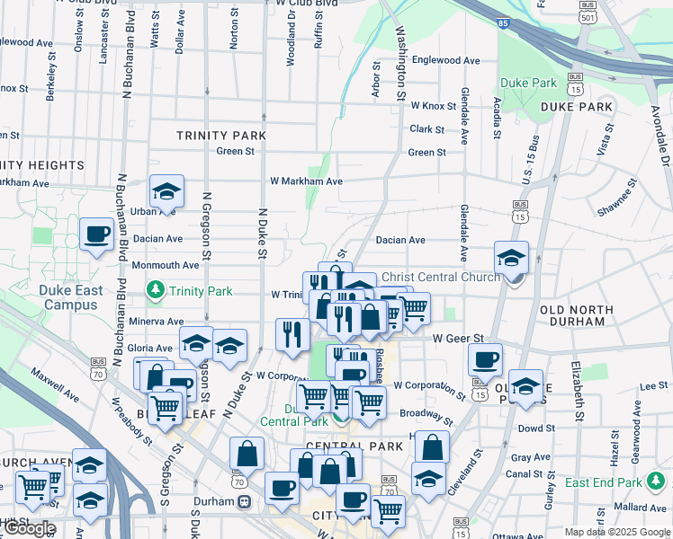 map of restaurants, bars, coffee shops, grocery stores, and more near 918 Orient Street in Durham