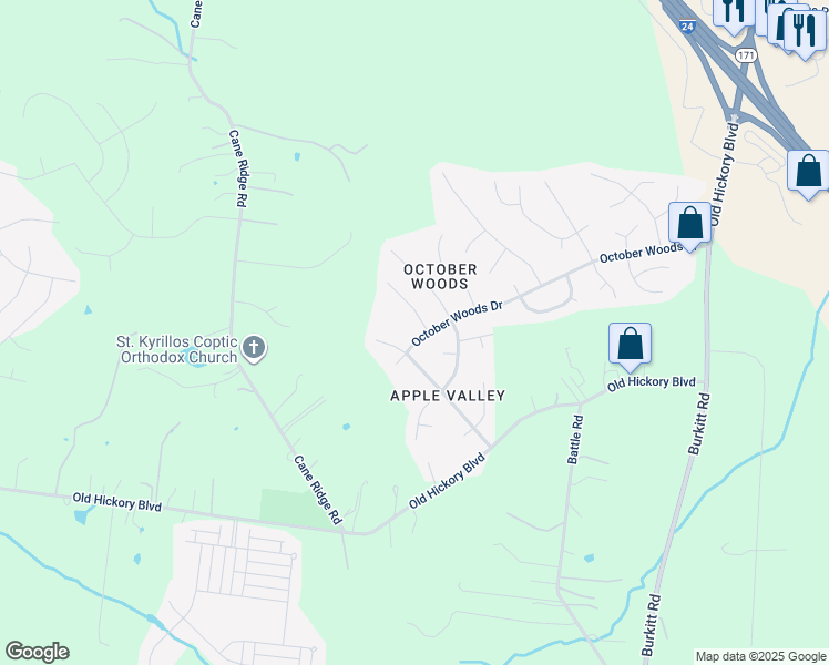 map of restaurants, bars, coffee shops, grocery stores, and more near 4264 October Woods Drive in Nashville