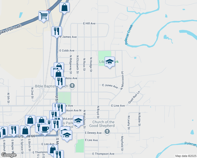 map of restaurants, bars, coffee shops, grocery stores, and more near 631 North Brown Street in Sapulpa