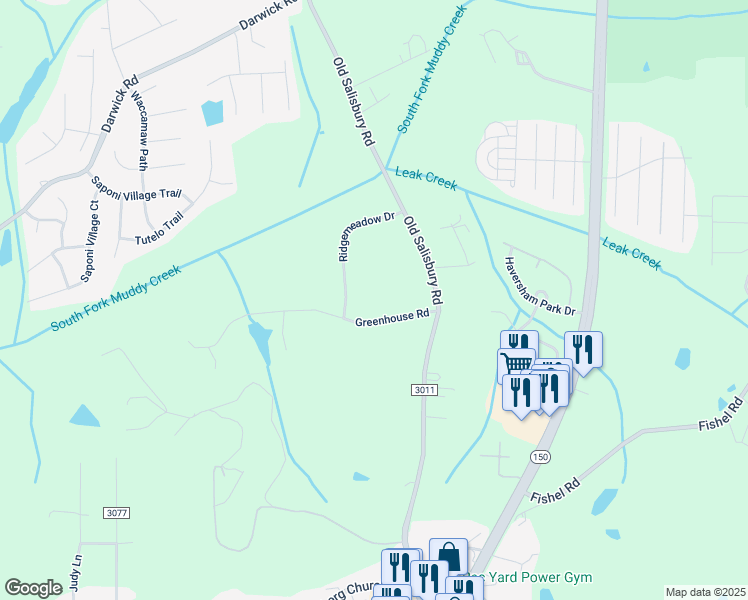 map of restaurants, bars, coffee shops, grocery stores, and more near 3025 Greenhouse Road in Winston-Salem