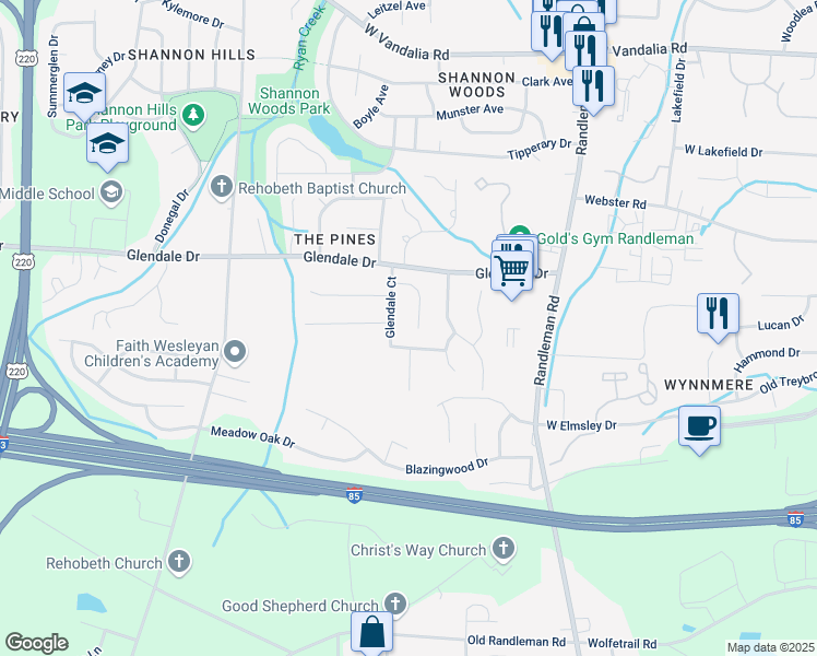 map of restaurants, bars, coffee shops, grocery stores, and more near 3917 Glendale Court in Greensboro