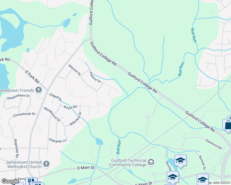 map of restaurants, bars, coffee shops, grocery stores, and more near 308 Pearce Drive in Jamestown