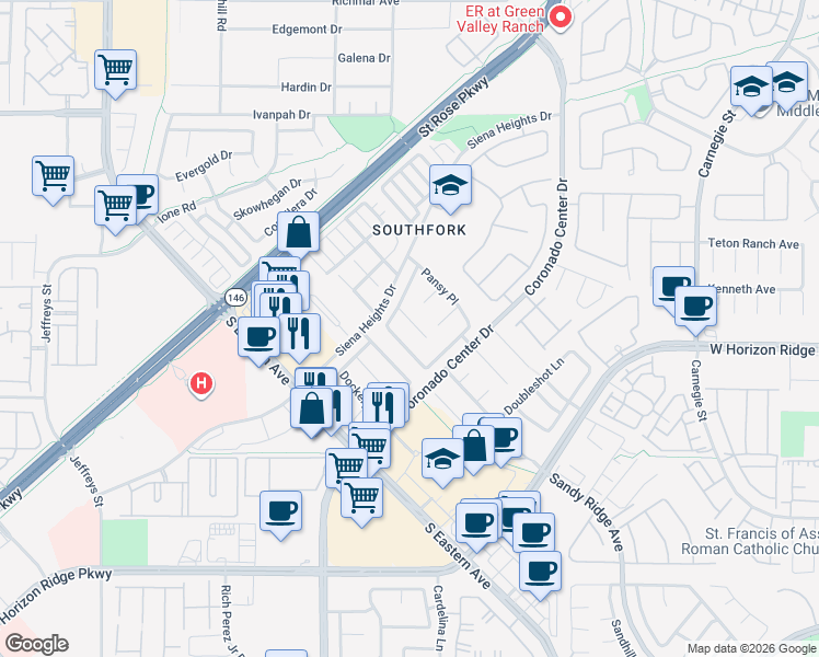map of restaurants, bars, coffee shops, grocery stores, and more near 686 Turtlewood Place in Henderson