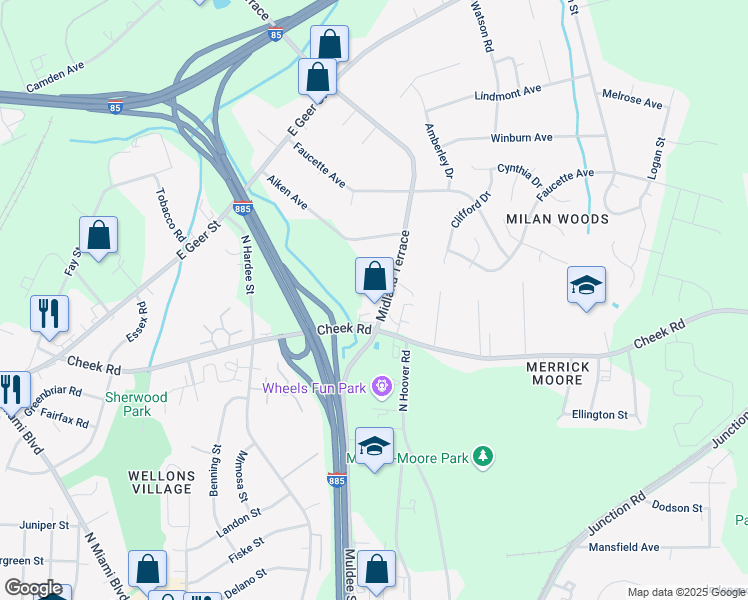 map of restaurants, bars, coffee shops, grocery stores, and more near 806 Midland Terrace in Durham