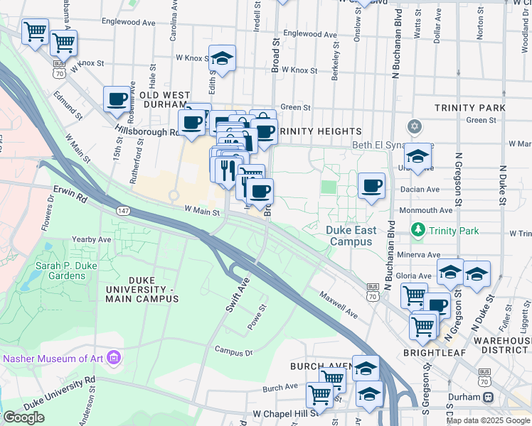 map of restaurants, bars, coffee shops, grocery stores, and more near 610 Broad Street in Durham