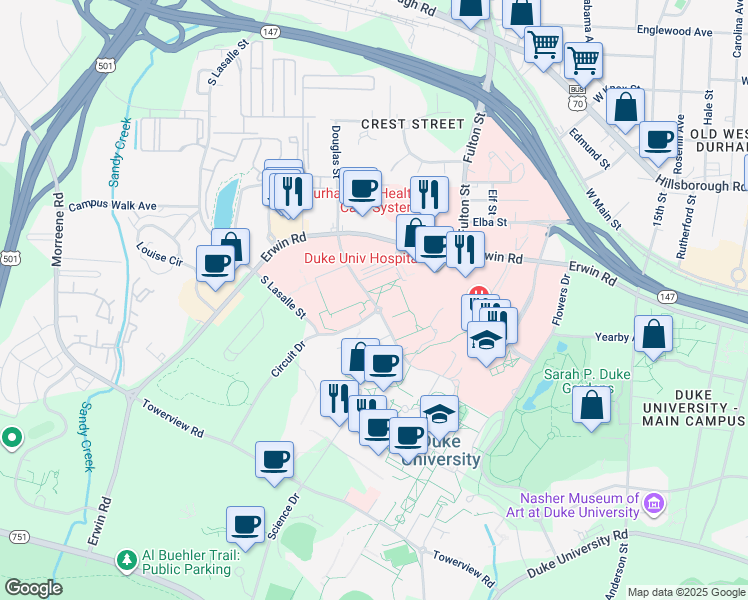 map of restaurants, bars, coffee shops, grocery stores, and more near 304-306 Research Drive in Durham
