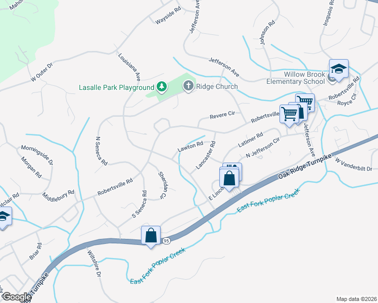 map of restaurants, bars, coffee shops, grocery stores, and more near 145 Lawton Road in Oak Ridge
