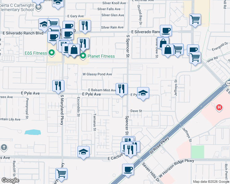 map of restaurants, bars, coffee shops, grocery stores, and more near 1667 East Balsam Mist Avenue in Las Vegas
