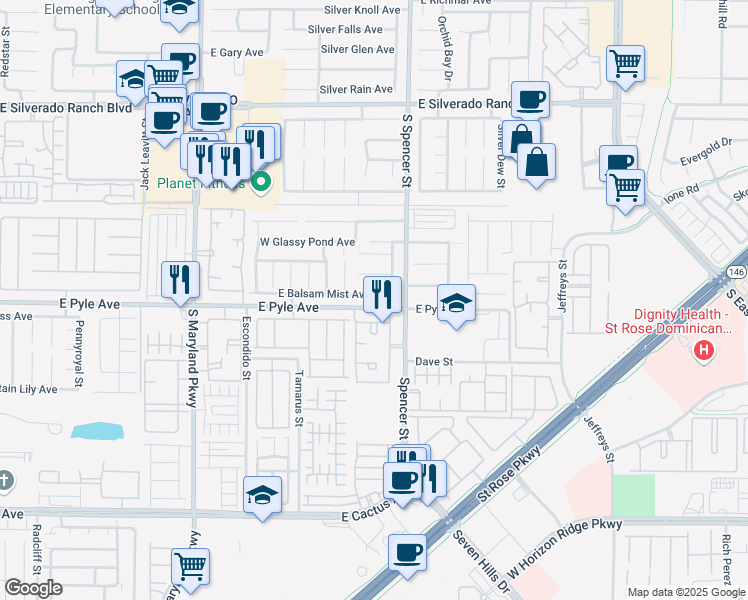 map of restaurants, bars, coffee shops, grocery stores, and more near 1697 East Balsam Mist Avenue in Las Vegas