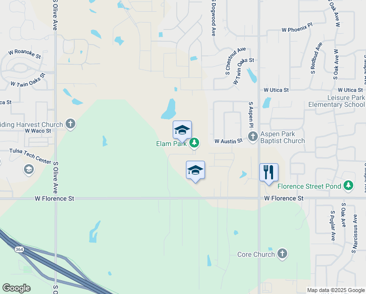 map of restaurants, bars, coffee shops, grocery stores, and more near 14001 East 111th Street South in Broken Arrow