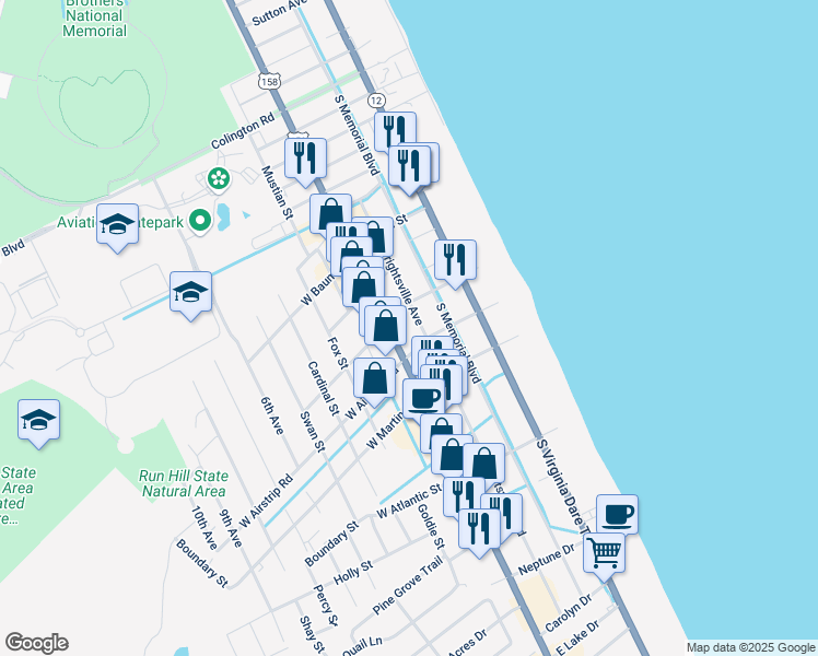 map of restaurants, bars, coffee shops, grocery stores, and more near 1003 South Croatan Highway in Kill Devil Hills