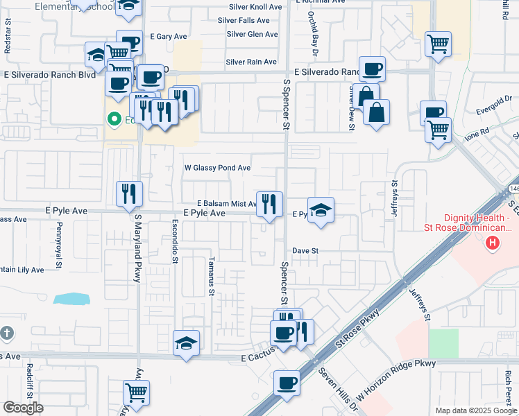 map of restaurants, bars, coffee shops, grocery stores, and more near 1677 East Balsam Mist Avenue in Las Vegas