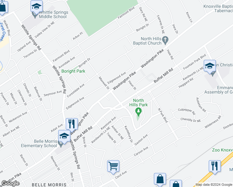 map of restaurants, bars, coffee shops, grocery stores, and more near 2708 Bridalwood Drive in Knoxville
