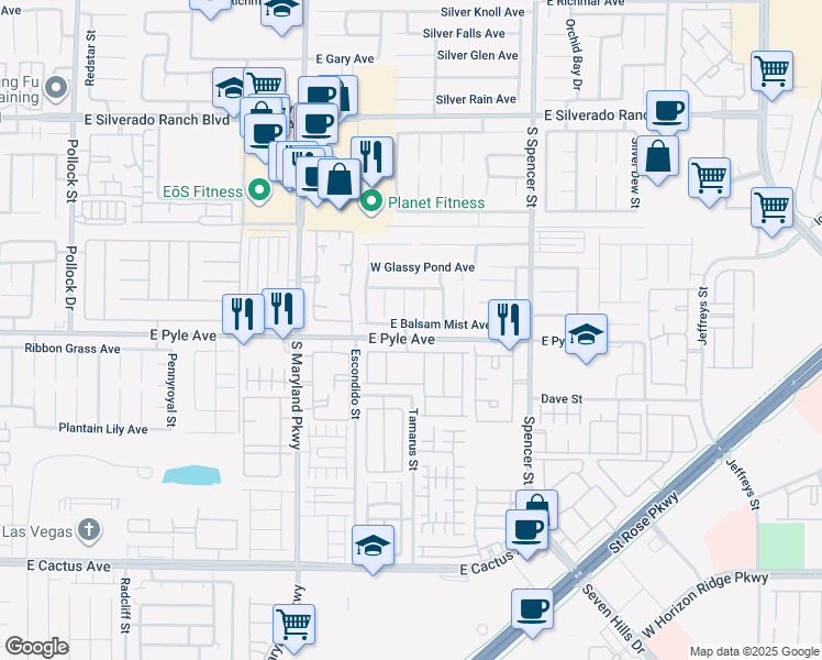map of restaurants, bars, coffee shops, grocery stores, and more near 1511 East Balsam Mist Avenue in Las Vegas