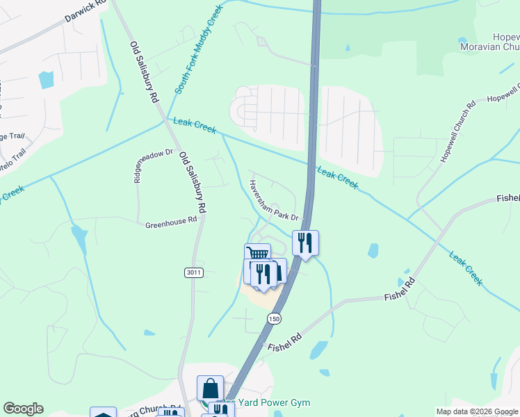 map of restaurants, bars, coffee shops, grocery stores, and more near 1644 Haversham Park Drive in Winston-Salem