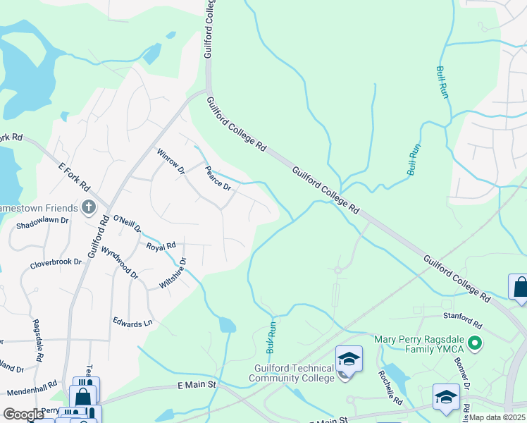 map of restaurants, bars, coffee shops, grocery stores, and more near 308 Pearce Drive in Jamestown