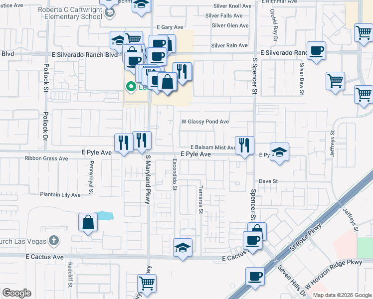 map of restaurants, bars, coffee shops, grocery stores, and more near 1380 Lamplight Village Lane in Las Vegas