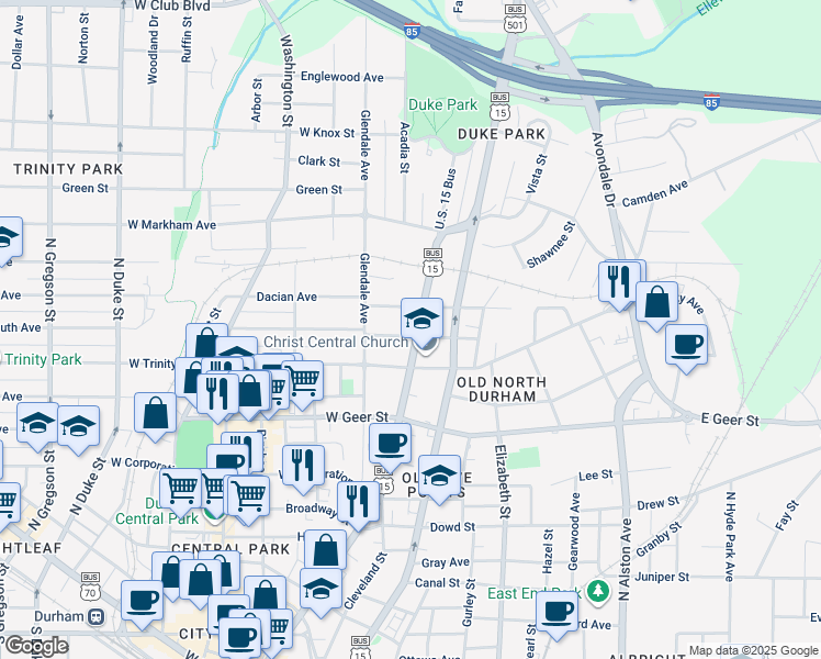 map of restaurants, bars, coffee shops, grocery stores, and more near 1004 North Mangum Street in Durham