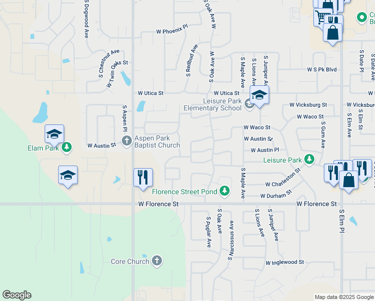 map of restaurants, bars, coffee shops, grocery stores, and more near 1817 West Birmingham Street in Broken Arrow