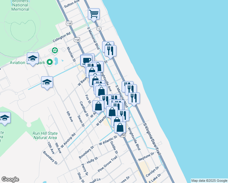 map of restaurants, bars, coffee shops, grocery stores, and more near 1003 South Croatan Highway in Kill Devil Hills