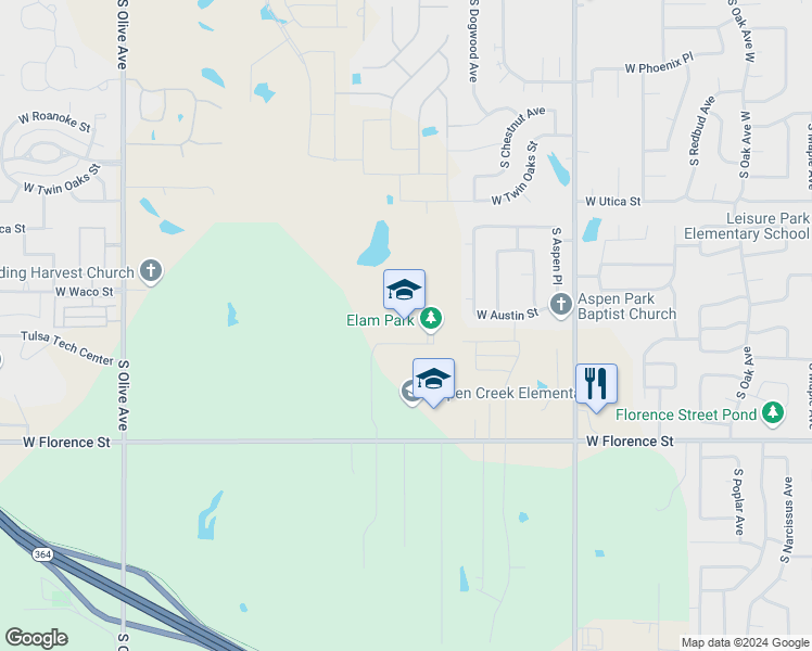 map of restaurants, bars, coffee shops, grocery stores, and more near 2800 West Florence Street in Broken Arrow