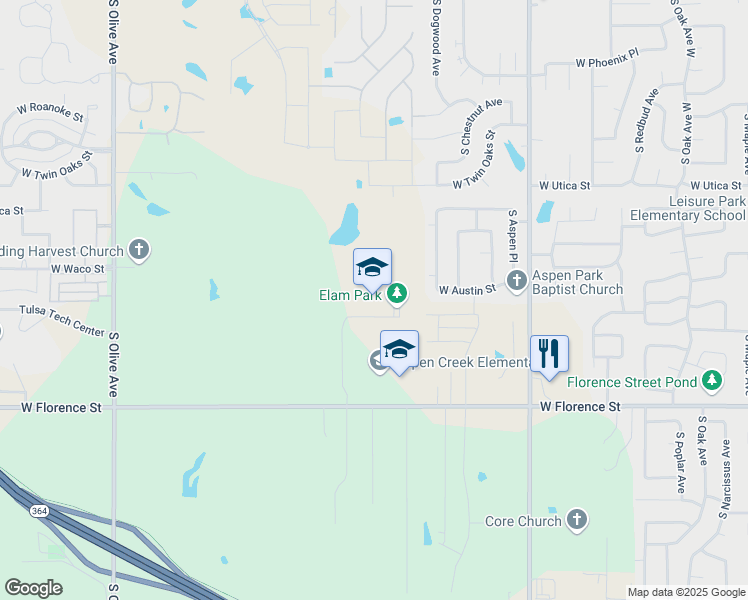 map of restaurants, bars, coffee shops, grocery stores, and more near 2800 West Florence Street in Broken Arrow