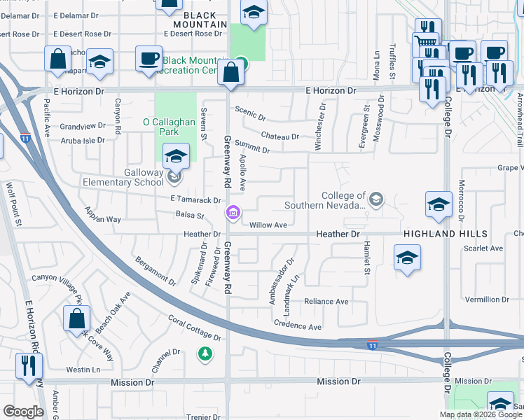 map of restaurants, bars, coffee shops, grocery stores, and more near 751 Willow Avenue in Henderson
