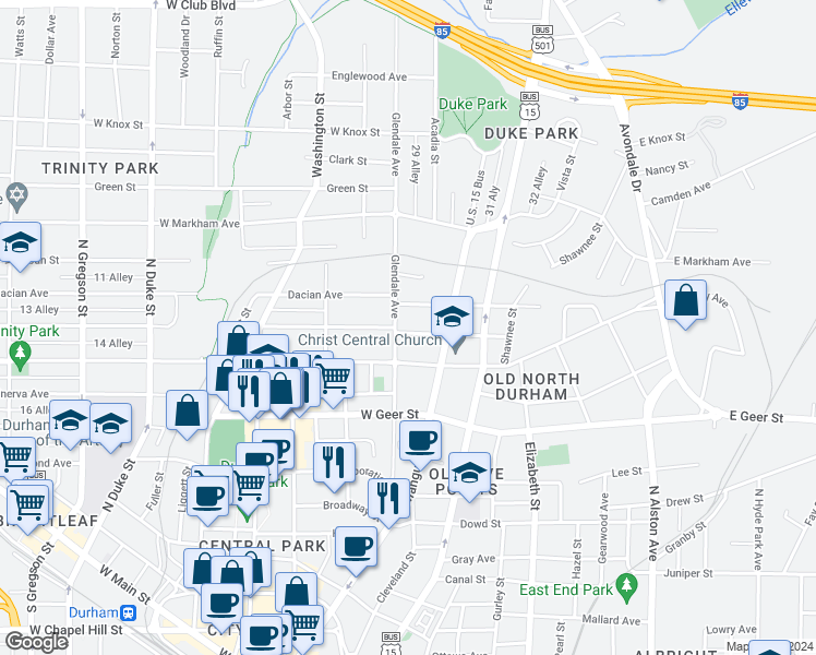 map of restaurants, bars, coffee shops, grocery stores, and more near 119 West Seeman Street in Durham