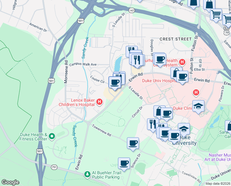 map of restaurants, bars, coffee shops, grocery stores, and more near 2816 Lambeth Circle in Durham