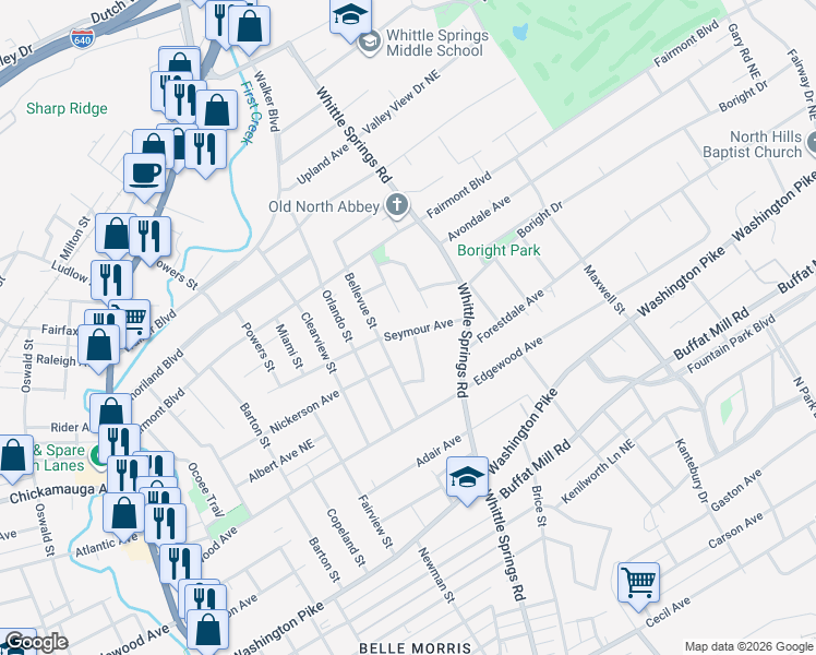 map of restaurants, bars, coffee shops, grocery stores, and more near 3146 Derieux Drive in Knoxville