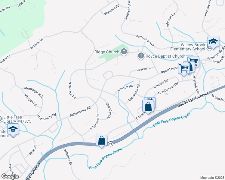 map of restaurants, bars, coffee shops, grocery stores, and more near 193 Louisiana Avenue in Oak Ridge