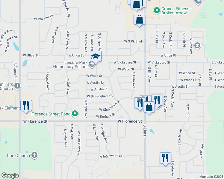 map of restaurants, bars, coffee shops, grocery stores, and more near 1100 West Birmingham Street in Broken Arrow