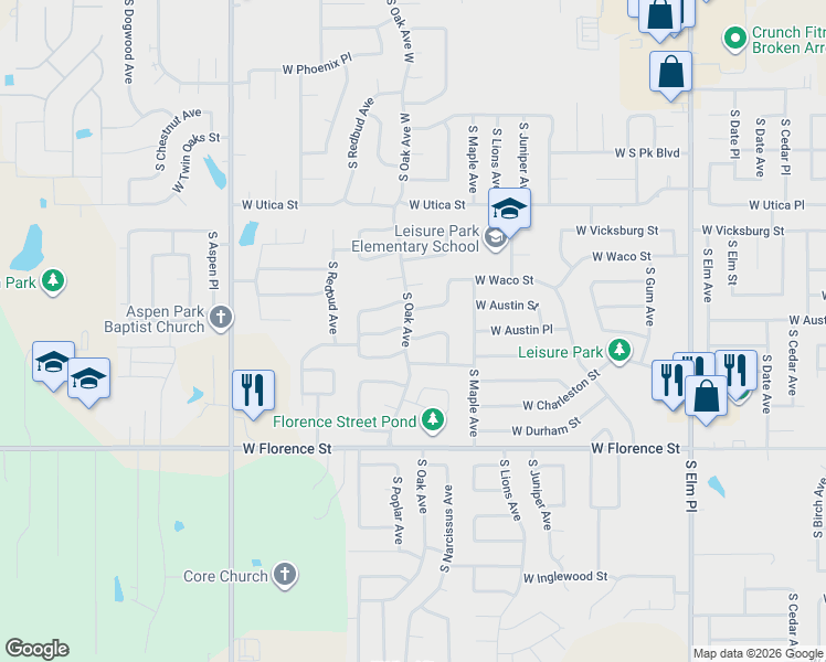 map of restaurants, bars, coffee shops, grocery stores, and more near 1607 West Austin Place in Broken Arrow