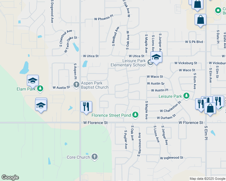 map of restaurants, bars, coffee shops, grocery stores, and more near 1817 West Birmingham Street in Broken Arrow